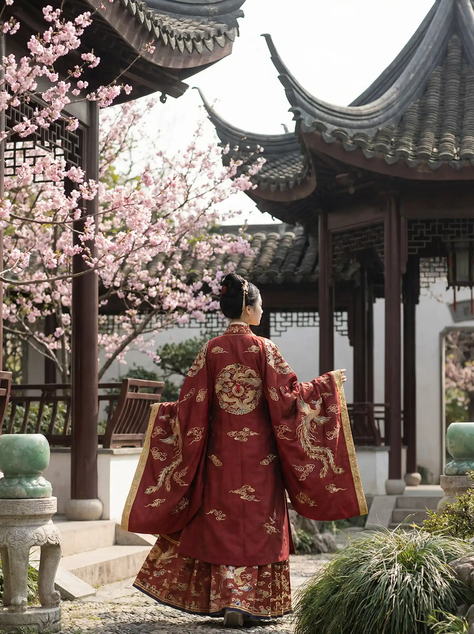 最新美剧在线观看 明制汉服红色凤凰刺绣